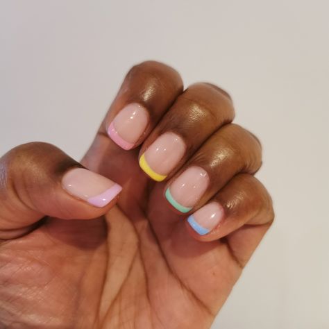 Shellac French manicure with pastel tips French Tip Pastel, Shellac Nails French, Pastel French Manicure, Manicure French Tip, Shellac French Manicure, Tip Gel Nails, Yellow French Tip, French Manicure Short Nails, French Tip Gel