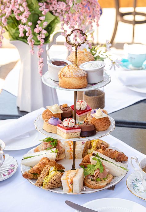 Outdoor Tea Room Ideas, British High Tea Aesthetic, Fancy Cafe Food, High Tea Restaurant, Pastries For Tea Party, Afternoon Tea Tray, Cucumber Boursin Tea Sandwiches, High Tea Astetic, High Tea Inspiration