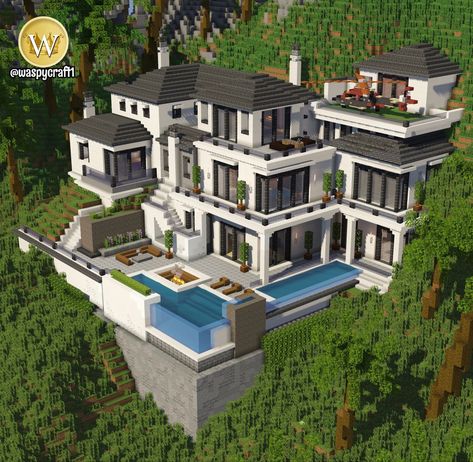 Cool Minecraft Mansions, Modern Minecraft Mansion Ideas, Minecraft Contemporary House, Minecraft Mansions Luxury, Minecraft Houses With Garden, Minecraft House Inspo Mansion, Modern Minecraft Houses Mansions, Minecraft Big House Ideas Modern, Mansion Ideas Minecraft