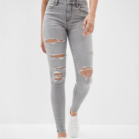 AE High waisted jeggings Grey Ripped Jeans, American Eagle Black Jeans, Grey Jeggings, American Eagle Ripped Jeans, Black Jeggings, American Eagle Jeggings, Jeans American Eagle, Black Denim Jeans, Button Fly Jeans