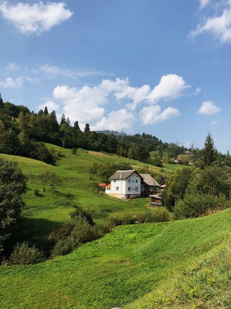 Farmhouse Background, Trees House, Cottage Aesthetic, House In Nature, Y2k Retro, White Building, European House, Green Theme, Nature View