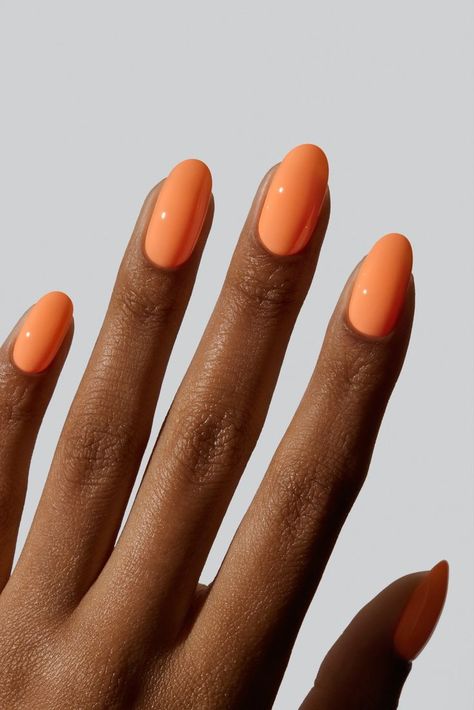 Summer 2024 Nails for Dark Skin: Trending Colors and Classy Designs Neon Coloured Nails, Orange Nails Pastel, Pastel Orange Nails Peach, Nail Colours 2024 Spring, Neon Orange Gel Nails, Cantaloupe Nails, Orange Creamsicle Nails, Spring Orange Nails, Soft Orange Nails