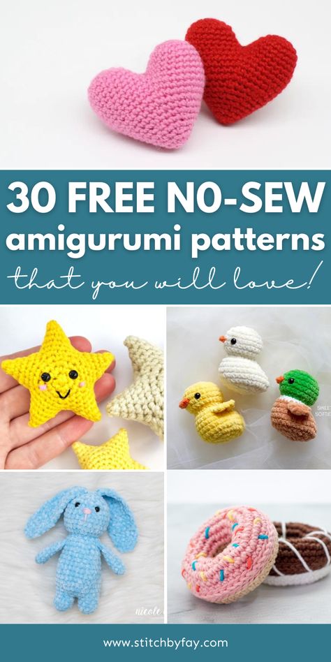 Collection of free no-sew amigurumi crochet patterns. Amigurumi Patterns, Easy Amigurumi For Beginners Free Pattern, Quick And Easy Amigurumi Patterns, Easiest Crochet Amigurumi, Crochet Amigurumi Free Patterns Beginner, Quick Crochet Free Patterns, Quick Crochet Stuffed Animals, Crochet No Sew Free Pattern, Free No Sew Crochet Amigurumi