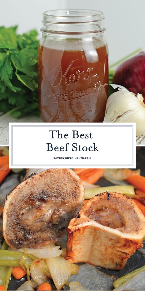 The Best Beef Stock recipe made with herbs and vegetables. Freezer friendly and full of flavor, you'll never buy store bought again! #beefbroth #beefstock #howtomakestock www.savoryexperiments.com Home Made Beef Broth, Beef Soup With Soup Bones, Best Beef Bone Broth Recipe, Canning Beef Stock, How To Make Beef Broth, Bone Stock Recipe, Beef Broth Recipes, Beef Broth Recipe, Beef Stock Recipe