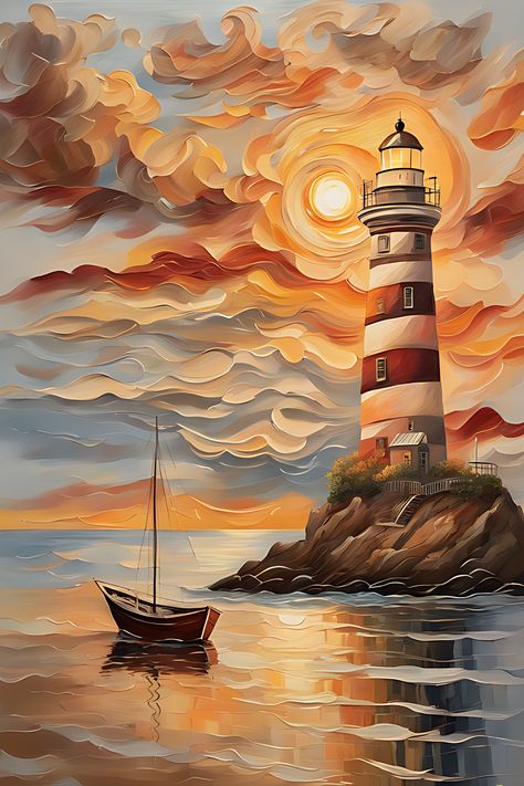 Seascape with a boat on the water a lighthouse on the shore and a sun setting behind the clouds Ship On The Sea Painting, Painting Of A Lighthouse, Lighthouse Landscape Painting, Lighthouse Painting Ideas, Water Painting Ideas On Canvas, Lighthouse Oil Painting, Acrylic Painting Lighthouse, Beach Themed Paintings, Lighthouse Painting Acrylic