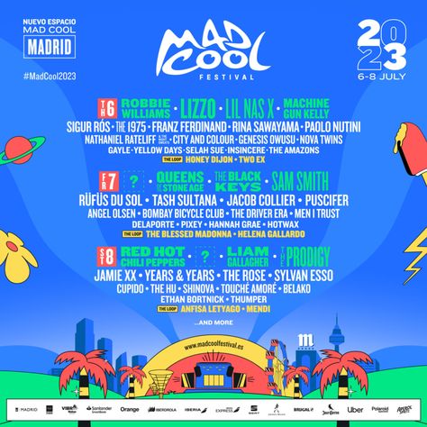 Mad Cool Festival 2023: Red Hot Chili Peppers, Lizzo, The Black Keys, The Prodigy! https://www.musicfestivalwizard.com/festivals/mad-cool-festival-2023/ Music Festival Identity Design, Festival Design Ideas, Festival Flyer Design, Music Festival Poster Design, Festival Logo Design, Music Festival Branding, Festival Graphic Design, Festival Graphics, Music Festival Flyer