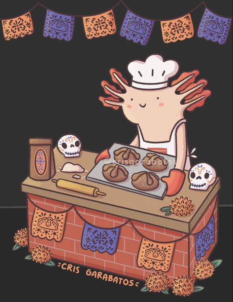 Ajolote horneando pan de muerto, ilustración por Cris Garabatos