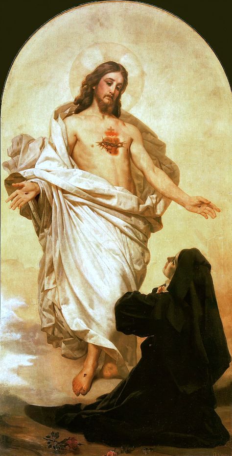 Tradical on Twitter: "October 17th is the feast of the “Disciple of the Sacred Heart”, Saint Marguerite-Marie Alacoque, Virgin: Burgundian noblewoman, ascetic, Visitandine nun, mystic, ecstatic, and writer—who died on this day in 1690, aged 43. https://t.co/mACsKWcfRP" / Twitter Saint Margaret Mary Alacoque, Paintings Of Saints, Anglican Aesthetic, Catholicism Art, Painting Of Heaven, Sacred Heart Of Jesus Art, Sacred Heart Painting, Jesus Pictures Catholic, Jesus In Heaven