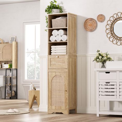 PRICES MAY VARY. 【Elegant and exquisite design】Our tall barthroom storage cabinet features arched handmade rattan double doors. The floor cabinet with drawers and adjustable shelves.The exquisite bathroom floor cabinet fully demonstrates the charm of handmade rattan art lines, adding spatial layers and artistic atmosphere to your home. Exquisite wood grain and plant decoration complement each other. The combination of Bohemian elements makes the home exude a unique cultural charm and natural bea Over The Toilet Medicine Cabinet, Shallow Bathroom Cabinet Storage, Hallway Towel Storage, Bathroom Storage For Small Spaces, Tall Linen Cabinet Bathroom, Bathroom Tall Cabinet Ideas, Small Bathroom Remodel With Storage, Water Closet Storage, Bathroom Vanity And Linen Cabinet