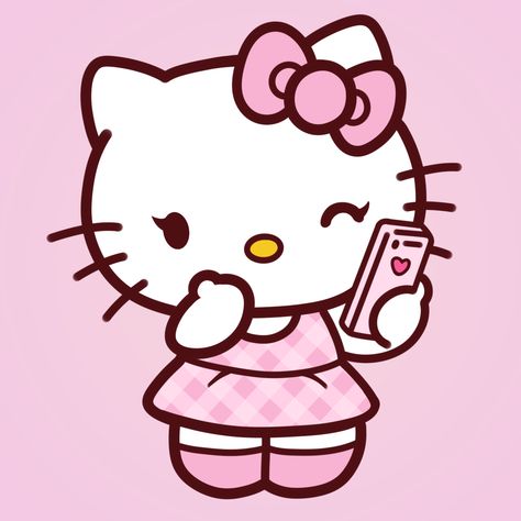 Hello kitty wearing a pink bow, pink dress and pink shoes holding a phone taking a selfie