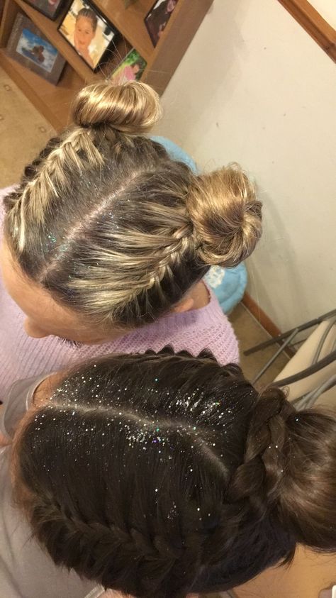 Funky Dance Hairstyles, Hair Ideas For Dance Competition, Half Up Half Down Hair Dance Competition, Dance Hair For Short Hair, Aerial Hairstyle, Hairstyles For Color Guard, Ice Skating Competition Hairstyles, Hair For Dance Competition, Dance Recital Hair For Short Hair