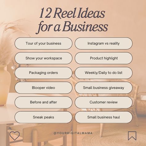 Need some ideas for reels? 🎥 Here’s 12 Instagram Reel Ideas for a Business 👩‍💼 • Tour of your business • Show your workspace • Packaging orders • Blooper video • Before and after • Sneak peaks • Instagram vs reality • Product highlight • Weekly/daily to do list • Small business giveaway • Customer review • Small business haul You can also use these ideas for the clock app! Save this for later and follow @yourdigitalmama for all things life & business! #socialmediatips #socialm... Small Business Video Ideas, Small Business Instagram Post Ideas, Giveaway Ideas For Small Business, Hair Revamping, Ideas For A Business, Small Business Giveaway, Small Business Workspace, Ideas For Reels, Instagram Reel Ideas