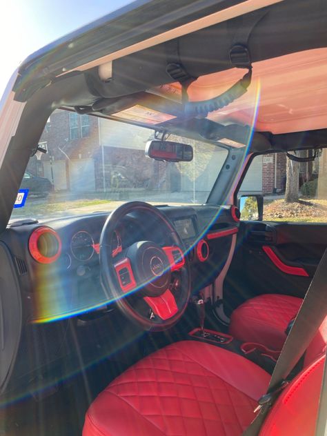 White Rubicon Jeep Red Interior, Black Jeep Wrangler With Red Accents, Red Jeep Interior, Black Jeep Red Interior, Red Jeep Accessories, Black Jeep With Red Accents, Red Car Accessories Interior, Red Car Accessories Aesthetic, Jeep Wrangler Red Interior