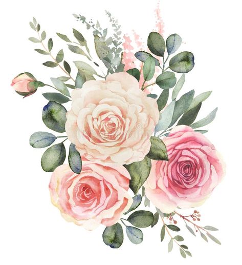 Watercolor floral bouquet with roses and eucalyptus. Watercolor floral bouquet c #Sponsored , #sponsored, #AD, #floral, #roses, #bouquet, #Watercolor With Roses, Roses And Eucalyptus, Bouquet With Roses, Frame Floral, Watercolor Bouquet, Watercolor Flower Art, Flower Art Images, Decoupage Vintage, Blush Flowers