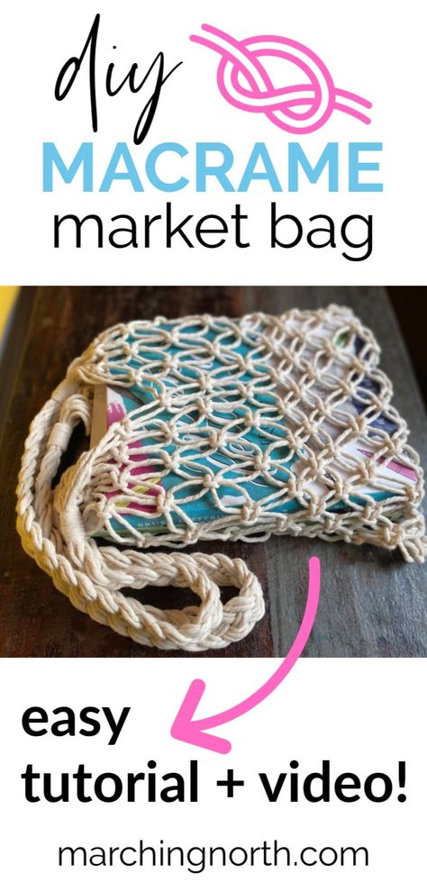 This DIY Macrame market bag pattern is such a fun project that's perfect for beginners or more advanced knotters! I'll walk you step by step through how to make this macrame bag tutorial using simple knots, and there's even a video to make it crystal clear.  If you're looking for an easy modern macrame pattern with a boho vibe, this is it! Perfect for carrying produce at the grocery store or taking your books to the library!| free pattern | simple #macrame Diy Macrame Bag, Macrame Market Bag, Macrame Bag Tutorial, Market Bag Pattern, Diy Macrame Wall Hanging, Free Macrame Patterns, Macrame Plant Hanger Tutorial, Simple Macrame, Sac Diy