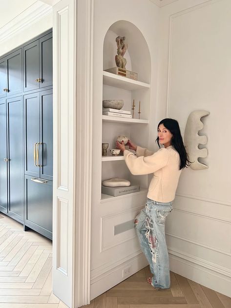 How to Style Open Shelves, According to Athena Calderone | EyeSwoon Athena Calderone Home, Eyeswoon Kitchen, Style Open Shelves, Athena Calderone, Gold Candle Sticks, White Books, Living Room Shelves, Room Shelves, Open Shelves