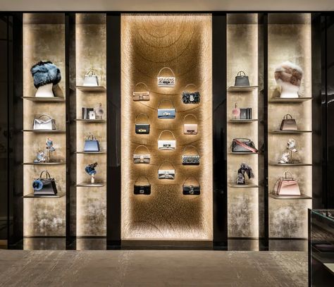 Curiosity · Palazzo Fendi · Divisare Luxury Retail Store, Vitrine Design, Shoe Store Design, Handbag Display, Retail Store Interior Design, Retail Interior Design, Store Design Boutique, Retail Store Interior, Showroom Interior Design