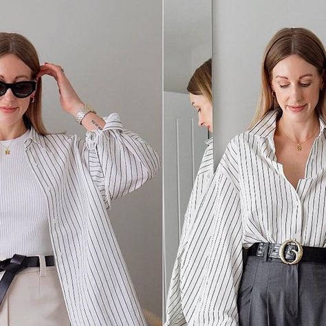 Charlotte | Everyday Style Made Simple 🤍 on Instagram: "ad DAY 👉🏼 NIGHT: Styling an oversized stripe shirt 👔 Which is your favourite? Classic striped oversize button down shirt - @ancosti_official #ancosti I’m obsessed with the voluminous sleeves + slouchy, oversized fit of this shirt. It’s super comfortable and breathable as it’s 93% cotton + 4% linen (perfect for spring, summer and holidays abroad) I like to style my shirts in spring either unbuttoned over a tank for an everyday outfit, t Super Oversized Shirt Outfit, Oversized Striped Button Up Shirt Outfit, White Stripe Shirt Outfit, Unbuttoned Shirt Women Outfit, Oversized Striped Shirt Outfit, Oversize Button Down Shirt, Button Shirt Outfit, White Striped Shirt Outfit, Western Formal