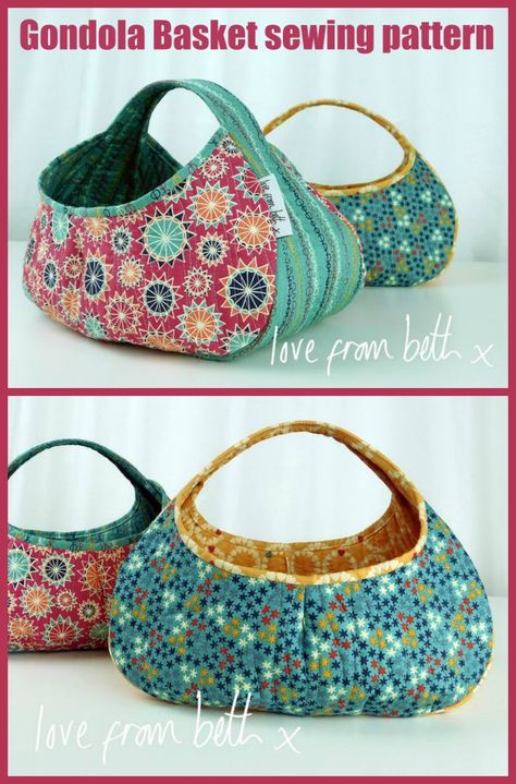 Gondola Basket sewing pattern. This DIY fabric basket to sew is easier than it looks, with just 3 pieces. Easy storage to sew for your home. This fabric storage basket sewing pattern would look good in any room. Fabric basket sewing pattern. #SewModernBags #SewingABag #BagSewingPattern #SewABasket #BasketSewingPattern Sew Ins, Gondola Basket, Basket Sewing Pattern, Artisanats Denim, Pattern Basket, Crochet Hand Bags, Bags Diy, Diy Bags Patterns, Bag Pattern Free