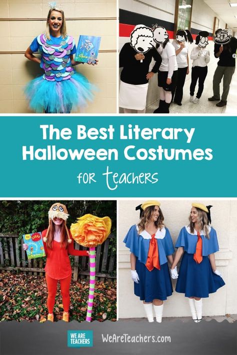 The Spookiest, Best Halloween Costumes Based on Books Storybook Group Costumes, Fictional Character Spirit Day, Diy Teacher Costumes Halloween, Costumes For Librarians, Book Character Duo Costumes, Easy Character Day Outfits For Teachers, 4th Grade Book Characters Costumes, Book Character Costumes For 3rd Grade, Magic Treehouse Costume