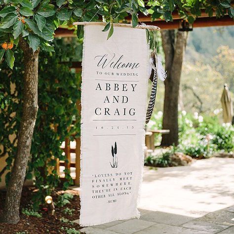 Beautiful Banner Signs Are the Newest Wedding Signage Craze Wedding Banner Ideas, Wedding Banner Diy, Creative Wedding Sign, Entrance Signage, Reception Entrance, Banner Ideas, Reception Signs, Wedding Banner, Contemporary Wedding