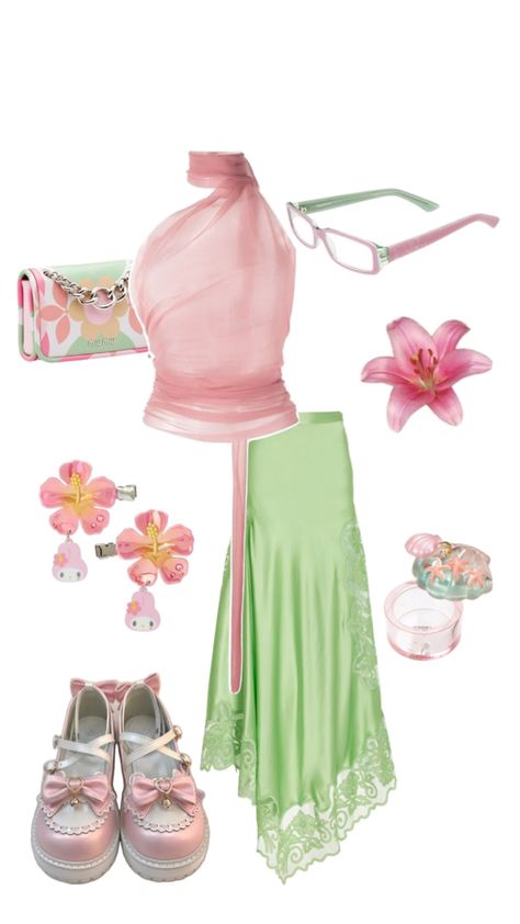 Green Girl Outfit, Sanrio Earrings, Pink Girl Outfits, Ocean Outfits, Green Glasses, Pink Glasses, Cute Purse, Quick Outfits, Bow Ribbon