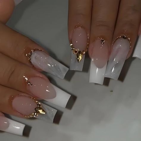 BABALAL French Tip Press on Nails Long Square Fake Nails White Glue on Nails Gold Rhinestone Luxury Design Acrylic Nails 24Pcs Ballerina False Nails Fake Nails White, White Nails With Gold, Ballet Nails, Gold Acrylic Nails, Wine Slushie, Golden Nails, White French Tip, Acrylic Nail Set, Nails White