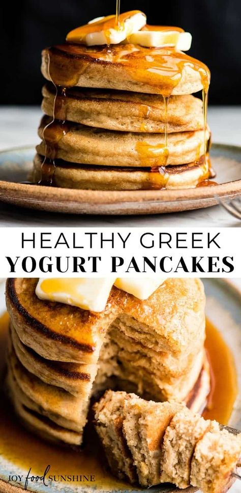 These Healthy Greek Yogurt Pancakes are fluffy and moist. They are easy to make (one bowl) and are the perfect delicious and nutritious breakfast recipe that your whole family will love! Gluten-free & refined-sugar-free options. Greek Yogurt Pancakes Recipe, Pancake Recipe With Yogurt, Weekend Baking, Greek Yogurt Pancakes, Baking Breads, Yogurt Pancakes, Healthy Pancakes, Bolo Fit, Healthy Greek Yogurt