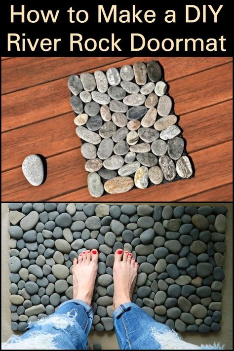 How to Make a DIY River Rock Doormat  Feel close to nature through this creative floor mat. Nature, River Rock Crafts Diy Projects, River Rock Bathroom Floor, Diy Stone Backsplash, River Rock Path, Rock Mat, Camping Shower Diy, River Rock Bathroom, River Rock Tile