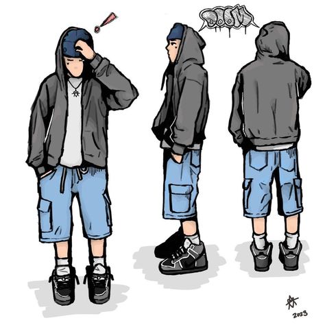 Y2k Drawing Character, Streetwear Art Drawing, Grunge Outfits Men Drawing, Guy Sitting Drawing, Jorts Drawings, Clothing Design Sketches Streetwear, Y2k Art Drawing Sketch Boy, Y2k Cartoon Drawing, Y2k Boy Drawing