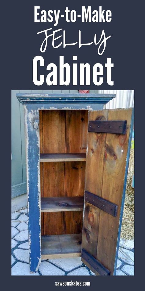 These free plans show how to build a DIY jelly cabinet step by step! #sawsonskates Primitive Furniture Diy, Jelly Cabinet, Diy Jelly, Diy Cupboards, Jelly Cupboard, Primitive Cabinets, Simple Woodworking Plans, Rustic Cabinets, Woodworking Furniture Plans