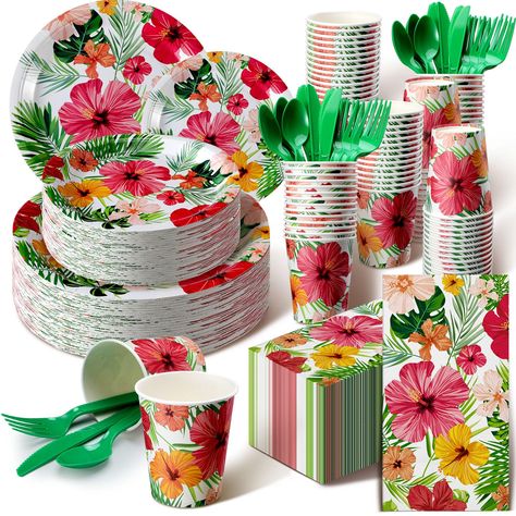 PRICES MAY VARY. What You Will Get: a set of summer style disposables, including 50 pieces of 9 inch paper plates, 50 pieces of 7 inch paper plates, 50 pieces of 9 oz paper cups, 50 pieces green spoon, 50 pieces knives, 50 pieces forks, and 100 paper towels; These quantities are enough for you to throw a wonderful party Product Design: the Hawaiian plates are printed with hibiscus flowers, brightly colored, beautiful and charming, they are ideal for a summer theme dinner, which are suitable for Hawaiian Theme Party Decorations, Flamingo Birthday Decorations, Flamingo Party Decor, Luau Party Supplies, Luau Baby Showers, Tropical Party Decorations, Beach Party Decorations, Hawaiian Luau Party, Hawaiian Birthday Party