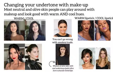 Olive Skin With Warm VS Cool Undertones (Make-up and Styling) - Imgur Cool Vs Warm Skin Tone, Olive Skin Color Palette, Olive Skin Tone Clothes, Cool Olive Skin Tone, Fair Olive Skin Tone, Pale Olive Skin Tone, Warm Olive Skin Tone, Olive Skin Hair, Light Olive Skin Tone
