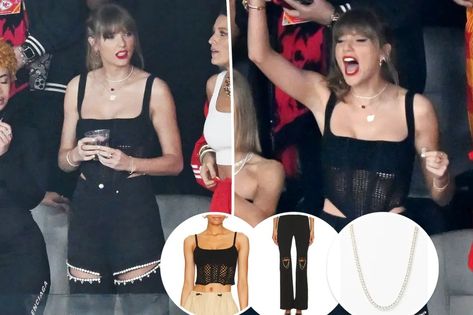 Re-create Taylor Swift's Super Bowl 2024 outfit for less Area Jeans, Dion Lee Corset, Melinda Maria Earrings, Super Bowl Outfit, Chain Pants, Stephanie Gottlieb, Erin Andrews, Melinda Maria, Corset Bodysuit