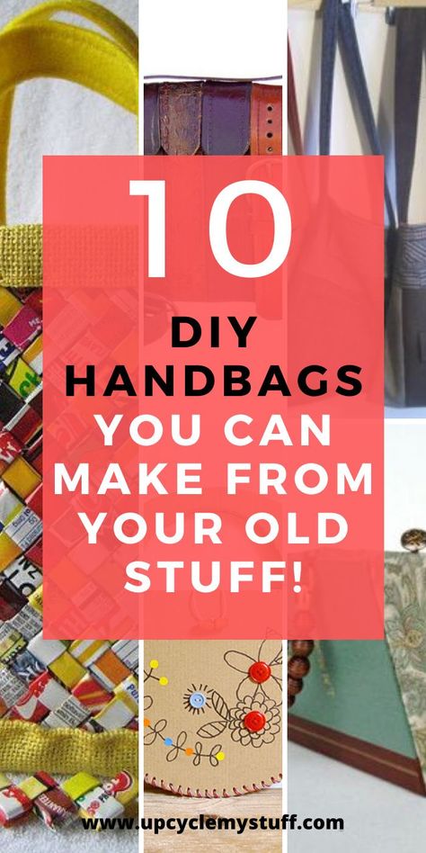 10 brilliant upcycling ideas for making your own bags from old unwanted junk you already have lying around your home.  From old jeans to old books, and even candy wrappers.  You can make your own bags out of almost anything!  With tutorials and links to step by step instructions you can get started on your next project right away! What will you make?  #sewingprojects #diybag #bagmaking Upcycling, Diy Bags From Old Clothes, Old Clothes Diy, Diy Handbags, Upcycled Handbag, Upcycled Bags, Upcycled Purse, Upcycled Tote, Handbag Ideas