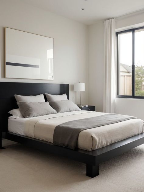 Create a sleek and minimalist bedroom by showcasing a large abstract painting as the focal point. Pair it with clean and simple furniture, such as a platform bed and streamlined nightstands, to enhance the minimalist aesthetic. Minimalist Bedroom, Sensual Bedroom, Minimalistic Furniture, Male Bedroom, Sleek Furniture, Oversized Art, Simple Furniture, Big Art, Modern Gentleman