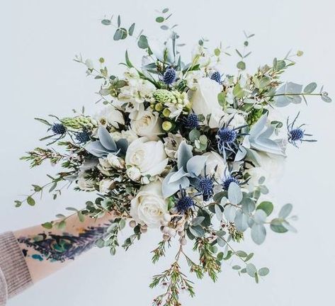 Green Wedding Bouquet, Gubahan Bunga, Blue Wedding Bouquet, Flowers And Greenery, White And Blue Flowers, Bride Bouquets, Green Wedding, Blue Wedding, Spring Wedding