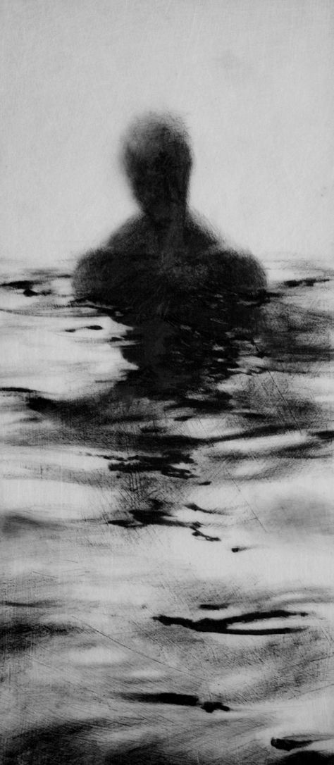 Clara Lieu, lithographic crayon on Dura-Lar.  This drawing is from "Wading", a project that presents the most severe form of isolation as loneliness that is experienced when physically surrounded by other people. The presence of others is what can intensify the experience of loneliness for an individual.  I visually portray loneliness as the experience of feeling unseen and unknown within a group. Boaco, Art Sinistre, Art Noir, Výtvarné Reference, 흑백 그림, Charcoal Art, Seni Cat Air, Shadow Art, Dark Art Drawings