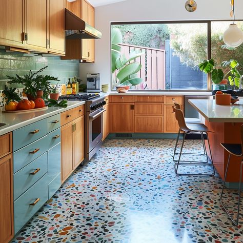 The Ultimate Mid-Century Kitchen Guide Galley Kitchen Midcentury, Mid Century Modern Kitchen Rugs, Mcm Farmhouse Kitchen, Mid Century Cabinets Kitchen, Mid Century Maximalist Kitchen, Mid Century Bohemian Kitchen, Remodeled Mid Century Home, Mid Century Kitchen Flooring, Mid Century Modern Blue Kitchen