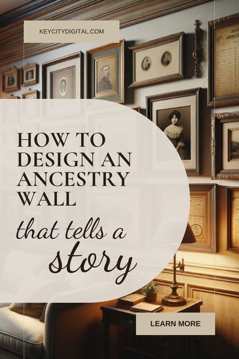How to Design an Ancestry Gallery Wall That Tells a Story — KeyCityDigital Family History Gallery Wall, Ancestry Wall Ideas, Gallery Wall Old Family Photos, Sophisticated Gallery Wall, Vintage Family Photo Gallery Wall, Old Photo Gallery Wall, Ancestor Photo Wall, Ancestor Gallery Wall, Ancestor Wall Display