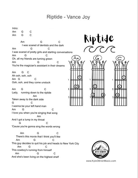 Learn to play and/or sing Riptide by Vance Joy with this easy-to-read lyrics and guitar chords sheet. Perfect for singers and musicians of all levels, this sheet includes all the lyrics, melody, and chord symbols you need to get started. Riptide lyrics Vance Joy lyrics Singing lessons Music lessons Lyrics sheet Guitar chords Singers Musicians Learn to sing Learn to play guitar Music theory Chord symbols Melody Easy to read All levels Pop songs Folk songs Acoustic songs Acoustic Guitar Cords, How To Read Chords Guitar, Song Guitar Chords Lyrics, Riptide Chords Guitar, Acoustic Guitar Chords For Songs Easy, F Chord Guitar Easy, Guitar Lyrics And Chords, How To Play Guitar Chords, Easy Acoustic Guitar Tabs For Beginners