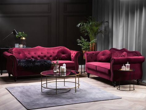 Modern Chesterfield Sofa, Red Velvet Sofa, Velvet Sofa Set, Velvet Sofa Living Room, Velvet Chaise Lounge, Velvet Chesterfield, Chesterfield Style Sofa, Velvet Living Room, Red Sofa