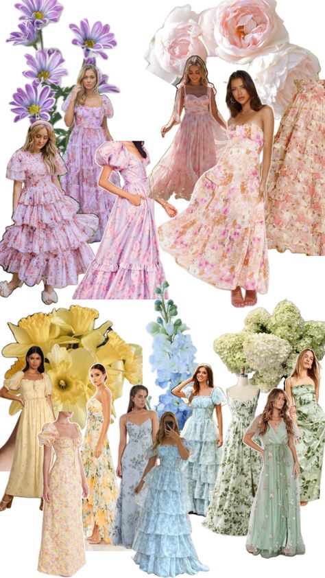 Multicolor pastel floral bridesmaids dresses for a wildflower spring wedding, based on asters, peonys, daffodils, blue snapdragons, and green hydrangeas Wildflower Spring Wedding, Diy Birthday Party Decorations, Floral Bridesmaids Dresses, Pastel Wedding Dresses, Floral Bridesmaids, Pastel Bridesmaids, Spring Bridesmaid Dresses, Pastel Bridesmaid Dresses, Madison Wedding