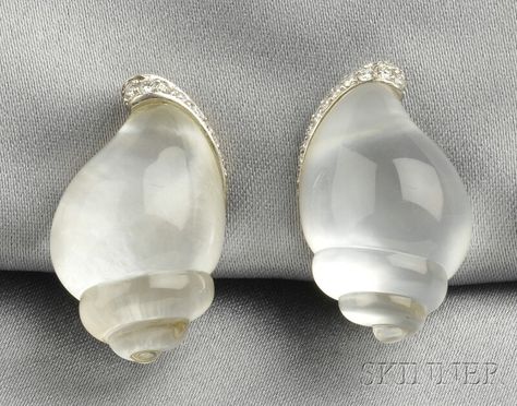 18kt White Gold, Rock Crystal, and Diamond Earclips, Vhernier, each designed as a rock crystal shell, full-cut diamond melee accents Bijoux Art Nouveau, Ear Clips, Brighton Jewelry, Schmuck Design, Fine Jewellery Earrings, Jewelry For Her, Fine Jewellery Necklace, Rock Crystal, A Rock