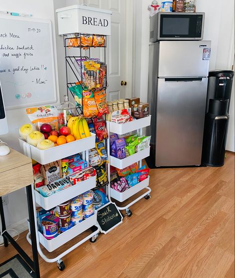 Essen, Snack And Coffee Station, Snack Corner Office, After School Snack Cart, Snack Set Up Ideas, Snack Area Office, Snack Room Ideas, Office Snacks Drawer, Bedroom Snack Bar