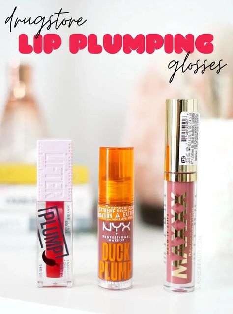 Review and comparison of three drugstore lip plumping glosses: Maybelline Lifter Plump Gloss, NYX Duck Plump Gloss, and Milani Keep It Full MAXXX Lip Plumper. | Slashed Beauty Best Plumping Lip Gloss Drugstore, Best Lip Plumping Gloss, Duck Plump, Maybelline Gloss, Drugstore Lipgloss, Maybelline Lifter, Maybelline Lip, Drugstore Lips, Drugstore Lipstick