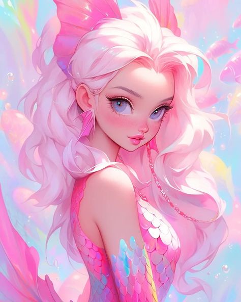 Barbie Anime Art, Pink Mermaid Art, Anime Mermaid Art, How To Draw Mermaids, Mermaids Drawing Beautiful, Pink Anime Art, Pretty Art Styles, Digital Character Art, Beautiful Mermaid Art