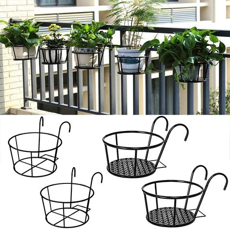 Iron Pots Planter, Diy Wall Planter Outdoor Plant Hangers, Balcony Plants Ideas Pots, Apartment Balcony Planter Boxes, Patio Wall Garden, Patio Hanging Plants, Railing Planters Ideas, Porch Hanging Plants, Apartment Garden Balcony