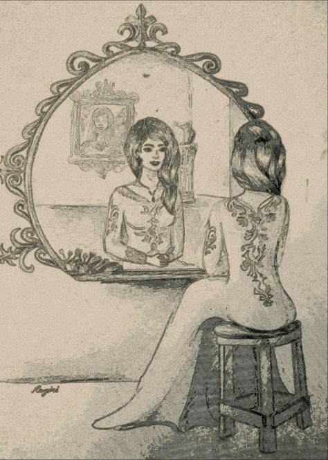 Pencil sketch, own imagination,mirror reflection drawing etc. Croquis, Woman Looking In The Mirror Drawing, Vanity Mirror Drawing, How To Draw Mirror Reflection, Person Looking Into Mirror Drawing, Mirror Drawings Reflection, Reflection Drawing Mirror, Mirror Sketch Pencil Drawings, Imagination Drawing Creative