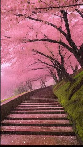 Nature, Yoga Background, Pink Blossom Tree, Relaxing Rain Sounds, Walking Path, Forest Sunset, Rain Garden, Pink Trees, Sound Of Rain